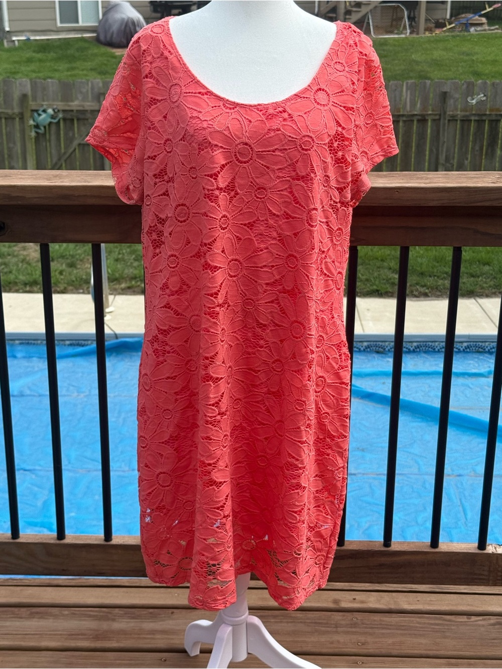 Tiana B Womens XXL Coral Short Sleeve Lace Dress Chevron Overlay